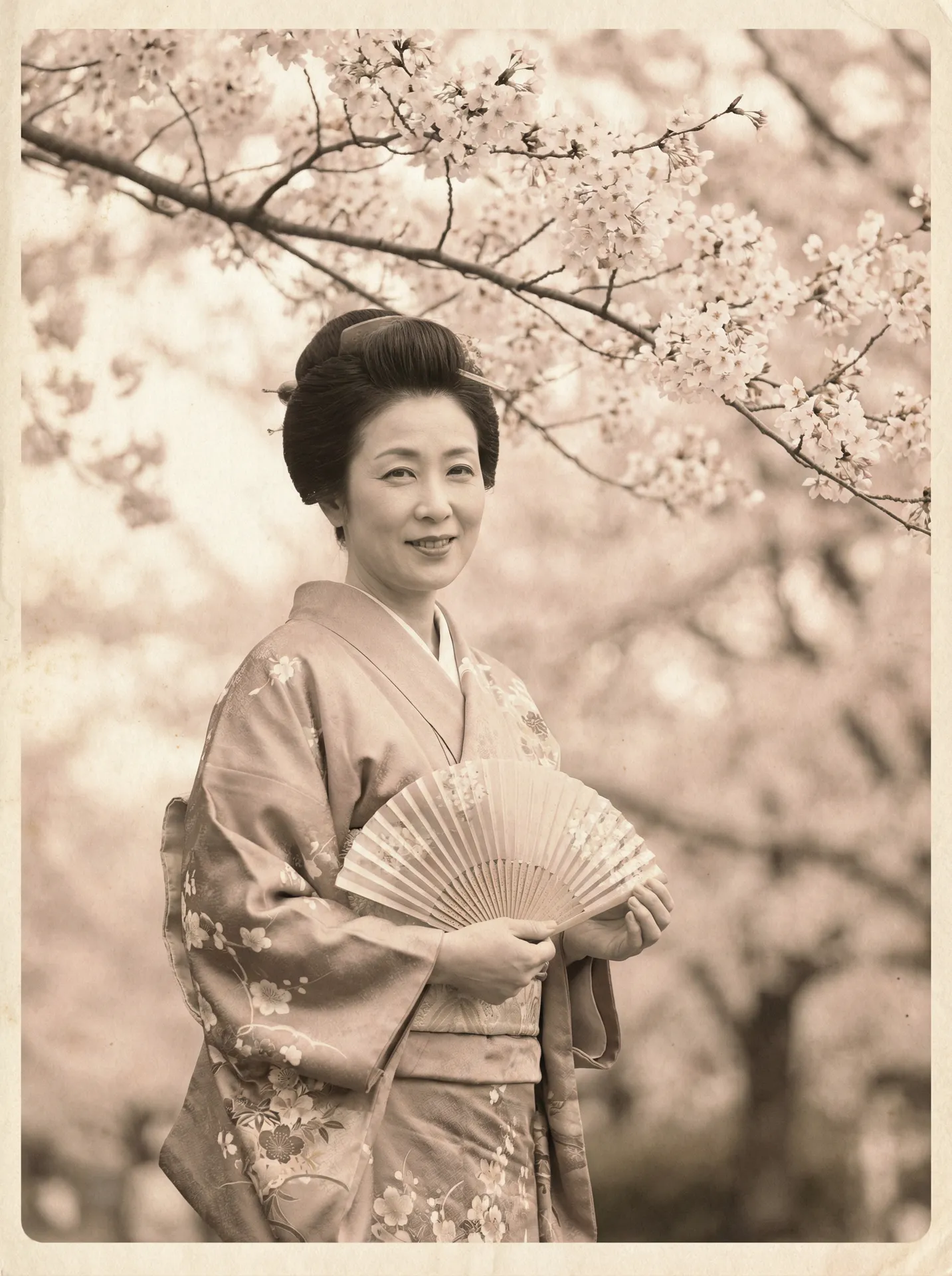 一位持扇的优雅 女性向silk 在樱花树下的复古写真